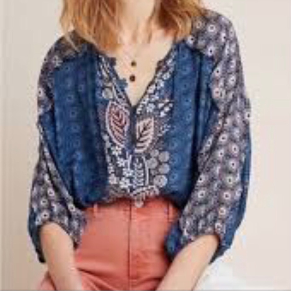 Anthropologie Maeve Blue Letizia Ruffle Blouse Peasant Boho Plus size 2X